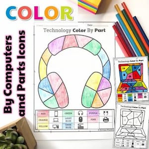 Op de afbeelding: Een "Technology Color By Part" werkblad met een gesegmenteerd hoofdtelefoonontwerp. Het bevat een kleurensleutel met pictogrammen van computeronderdelen en kleinere kleurplaten voor laptops. Gekleurde potloden en plaknotities zijn ook zichtbaar.