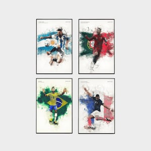 Messi Ronaldo Mbappé Neymar Poster, World Cup 2022, Digital Football poster watercolour,  Modern, Office Wall Art, gift