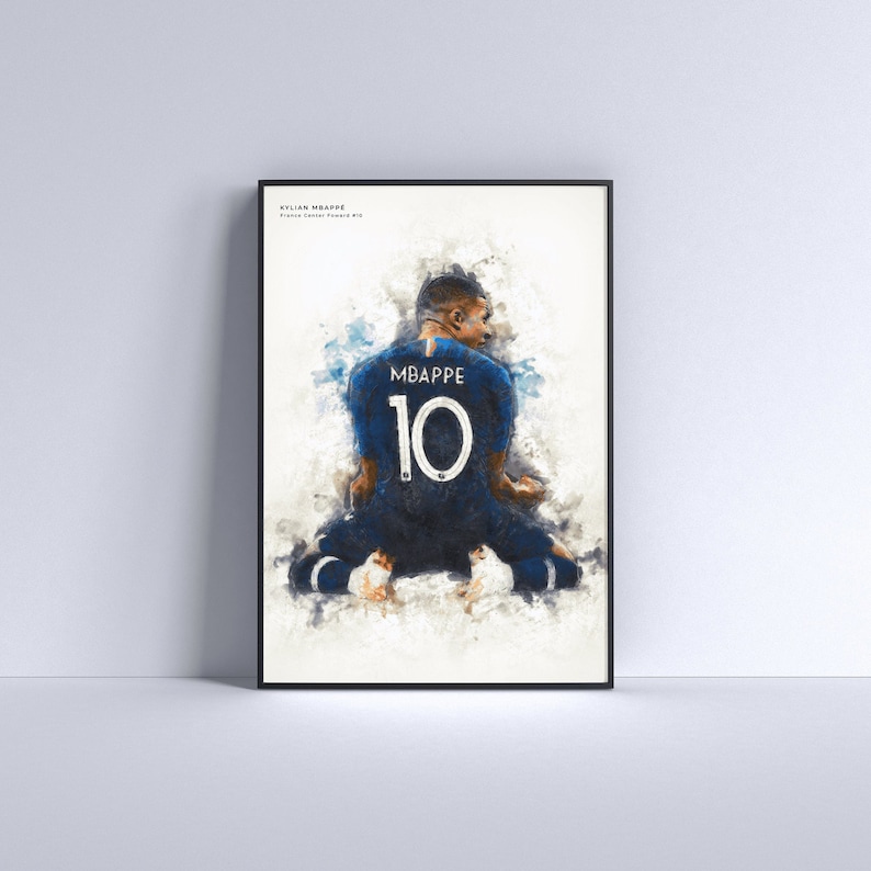 May include: A watercolor painting of a soccer player wearing a blue jersey with the number 10 and the name "MBAPPE" on the back. The player is kneeling with their back to the viewer.