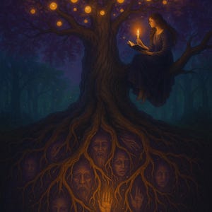 May include: A digital painting depicts a woman reading a book by candlelight while perched on a tree branch. The tree has glowing orbs in its canopy and faces and hands within its roots, set against a dark forest background.