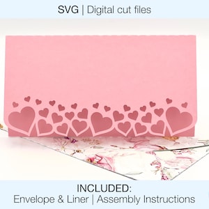 Archivos de corte SVG digitales para tarjetas de regalo, para bricolaje, Cricut Silhouette, sobre y forro incluidos, descarga instantánea, portatarjetas de regalo con forma de corazón