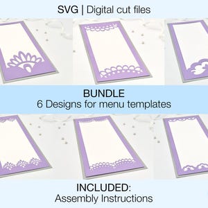 May include: A bundle of six digital cut files for menu templates. The designs feature a variety of intricate patterns and borders, including a floral design, a scalloped border, and a simple geometric pattern. The files are perfect for creating unique and elegant menus for weddings, parties, or other special events.