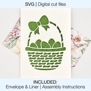 File di taglio SVG digitali per biglietti di Pasqua fai da te / Cricut Silhouette / Busta e fodera incluse / Download immediato / Festività / Uova di Pasqua nel cestino