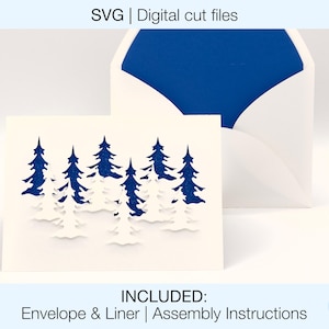 Weihnachtskarte Design Digitale SVG-Schnittdateien DIY | Cricut Silhouette | Umschlag und Liner enthalten | Sofortdownload | Karte Winterbäume