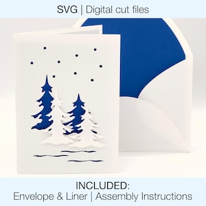 Weihnachtskarte Design Digitale SVG-Schnittdateien DIY | Cricut Silhouette | Umschlag und Liner enthalten | Sofortdownload | Verschneite Waldbäume