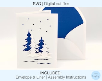 Christmas Card Design Digital SVG Cut Files DIY | Cricut Silhouette | Envelope and Liner Included | Instant Download | Snowy forest trees