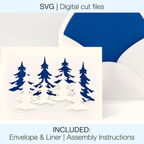 Diseño de tarjeta navideña Archivos de corte SVG digitales DIY / Cricut Silhouette / Sobre y forro incluidos / Descarga instantánea / Tarjeta de árboles de invierno