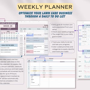 以下が含まれることがあります： 「WEEKLY PLANNER」というタイトルのデジタル週間プランナーで、「OPTOMIZE YOUR LAWN CARE BUSINESS THROUGH A DAILY TO DO LIST」というテキストが表示されています。プランナーには、クライアント、リソース、目標、To-Doリストのセクションが含まれています。