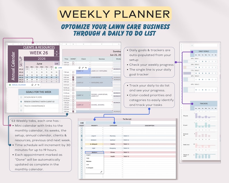 以下が含まれることがあります： 「WEEKLY PLANNER」というタイトルのデジタル週間プランナーで、「OPTOMIZE YOUR LAWN CARE BUSINESS THROUGH A DAILY TO DO LIST」というテキストが表示されています。プランナーには、クライアント、リソース、目標、To-Doリストのセクションが含まれています。