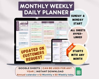 Google Sheets Weekly Planner, Undated Monthly Daily, Hyperlinked (Digital Download)