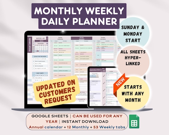 Weekly Daily Planner Spreadsheet, Undated Hyperlinked Digital Planner, Google Sheets Template