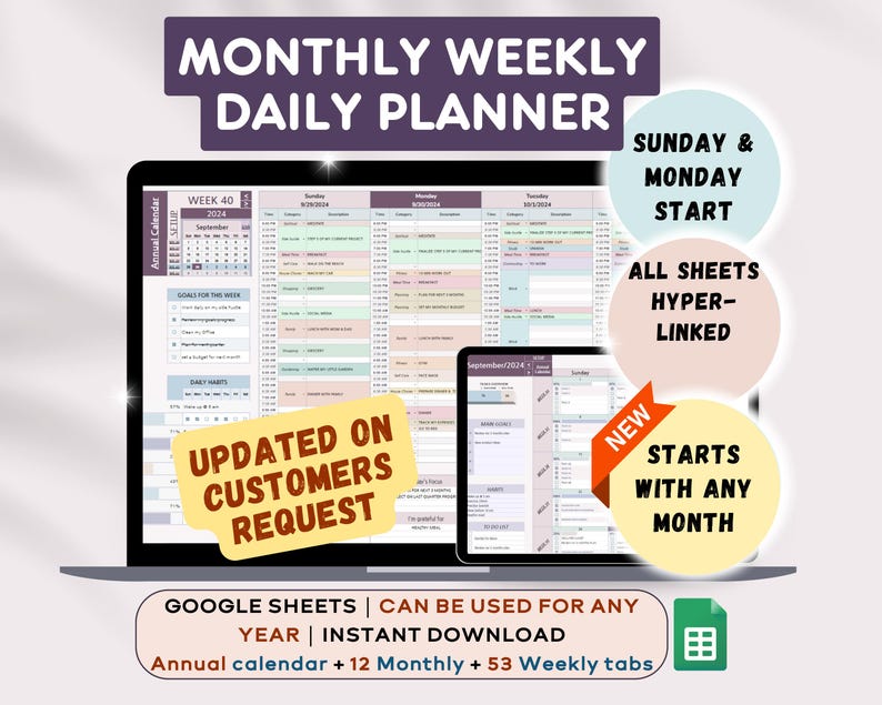 Weekly Daily Planner Spreadsheet, Undated Hyperlinked Digital Planner, Google Sheets Template Bild 1