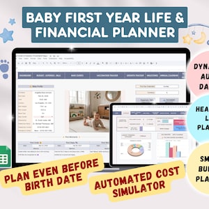 May include: A digital baby first year life and financial planner displayed on a laptop and tablet screen. The interface includes sections for baby profile, budget, expenses, bills, vaccination tracker, growth tracker, milestones, and an annual calendar.