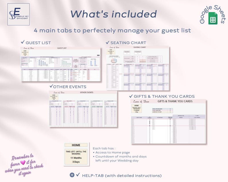Wedding Guest List & Seating Chart: Google Sheets Template (digital ...