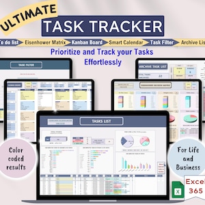 Peut inclure: Un modèle de feuille de calcul Excel coloré pour la gestion des tâches. Le modèle comprend des sections pour les listes de tâches à faire, la matrice d'Eisenhower, le tableau Kanban, le calendrier intelligent, le filtre de tâches et la liste d'archives. Le texte "Ultimate Task Tracker" est en haut de l'image. Le texte "Prioritize and Track your Tasks Effortlessly" est sous les sections. Le texte "For Life and Business" est dans le coin inférieur droit de l'image. Le texte "Excel 365" est dans le coin inférieur droit de l'image.