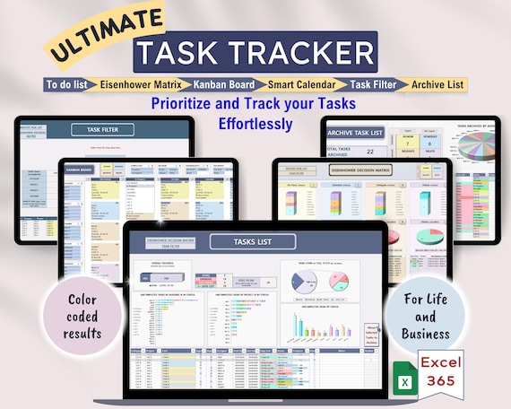 Excel Task Tracker, Automated Kanban Board, Project Planner, Monthly Weekly Daily Schedule