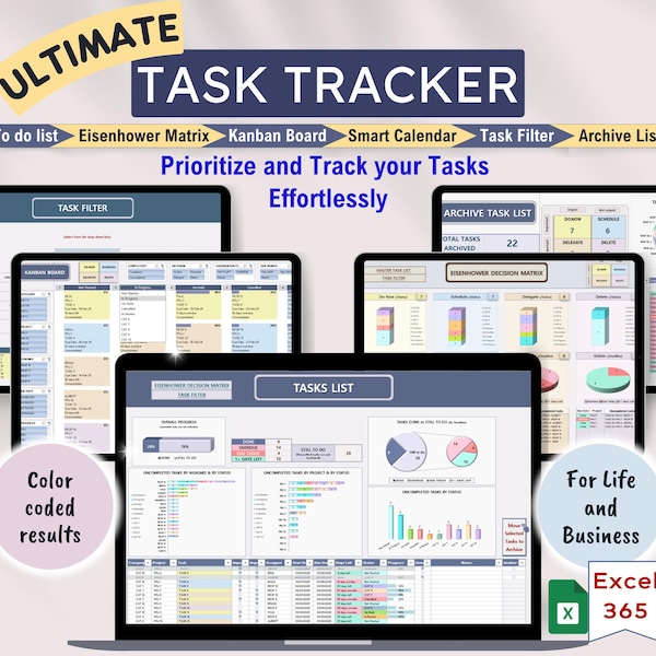Excel Task Tracker, Automated Kanban Board, Project Planner, Monthly Weekly Daily Schedule