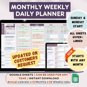 Digital Monthly and weekly Planner Calendar Google Sheet Template Undated Hyperlinked Planner 2025 Daily Planner Hourly Schedule To Do List