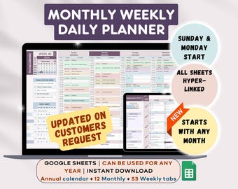 Digital Monthly and weekly Planner Calendar Google Sheet Template Undated Hyperlinked Planner 2025 Daily Planner Hourly Schedule To Do List