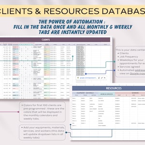 以下が含まれることがあります： 「CLIENTS & RESOURCES DATABASE」というタイトルのデジタルスプレッドシート。テキストは「THE POWER OF AUTOMATION: FILL IN THE DATA ONCE AND ALL MONTHLY & WEEKLY TABS ARE INSTANTLY UPDATED」です。スプレッドシートには、クライアントとリソースのセクションが含まれています。
