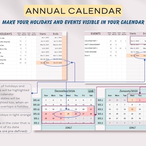 K&ouml;nnte beinhalten: Eine druckbare Kalender-Vorlage mit hellblauem Hintergrund. Der Kalender ist in zwei Abschnitte unterteilt: Feiertage und Ereignisse. Der Feiertagsbereich listet g&auml;ngige Feiertage in den Vereinigten Staaten auf, wie Neujahr, Martin Luther King Jr. Day, Memorial Day, Unabh&auml;ngigkeitstag, Labor Day, Thanksgiving und Weihnachten. Der Ereignisbereich ist leer und kann verwendet werden, um pers&ouml;nliche Ereignisse zu verfolgen. Der Kalender enth&auml;lt auch einen Bereich f&uuml;r Ziele.