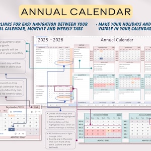 以下が含まれることがあります： 黄色で「ANNUAL CALENDAR」と書かれた年間カレンダー。月間と週間のタブ間を簡単に移動できるハイパーリンクがあります。祝日やイベントが強調表示されています。現在の日付は濃い青色です。カレンダーは2025年から2026年までです。