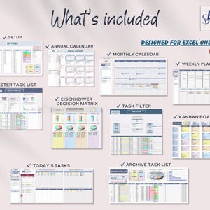 Annual Calendar, Monthly Calendar, Weekly Planner, Master Task List, Eisenhiwer Decision Matrix, Task Filter, Kanban Board, Today's Tasks List, Archive List