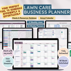 Könnte beinhalten: Ein digitaler Businessplaner für die Rasenpflege, der auf mehreren Bildschirmen angezeigt wird. Die Bildschirme zeigen einen Kalender, eine Kundendatenbank und Planungstools. Der Text enthält "Lawn Care Business Planner".