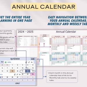 K&ouml;nnte beinhalten: Ein hellblauer und rosa Jahreskalender mit Registerkarten f&uuml;r Monats- und Wochenansichten. Der Kalender umfasst die Jahre 2024 und 2025. Das Bild hebt die Monatsansicht April 2025 mit einem dunkelblauen Kasten um den 18. hervor.