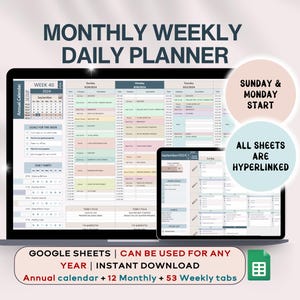 Op de afbeelding: Een digitale planner voor Google Sheets met een kleurrijk ontwerp. De planner bevat een wekelijkse en dagelijkse weergave, evenals een jaarlijkse kalender. De tekst op de afbeelding luidt "Monthly Weekly Daily Planner", "Week 40 2024", "Sunday & Monday Start", "All Sheets Are Hyperlinked", "Google Sheets | Can Be Used For Any Year | Instant Download", en "Annual calendar + 12 Monthly + 53 Weekly tabs".