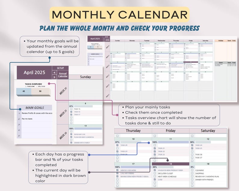 K&ouml;nnte beinhalten: Ein monatlicher Kalenderplaner in einem hellrosa und grauen Farbschema. Der Kalender ist in Wochen und Tage unterteilt, mit Platz zum Schreiben von Aufgaben und Zielen. Der Kalender enth&auml;lt auch eine Fortschrittsleiste f&uuml;r jeden Tag, die den Prozentsatz der erledigten Aufgaben anzeigt. Der Text "PLAN THE WHOLE MONTH AND CHECK YOUR PROGRESS" befindet sich oben im Kalender.