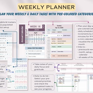 K&ouml;nnte beinhalten: Ein Wochenplaner mit vorkolorierten Kategorien zur Planung t&auml;glicher Aufgaben und Gewohnheiten. Der Planer enth&auml;lt einen Kalender, Zielverfolger und einen Tagesplan mit Zeitfenstern. Der Planer soll Benutzern helfen, organisiert zu bleiben und ihre Ziele zu erreichen.