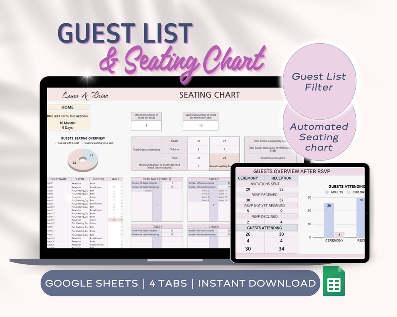 Wedding Guest List & Seating Chart: Google Sheets Template (digital ...