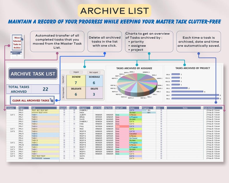 Archive List, One click to archive completed tasks, Clear all archived tasks button