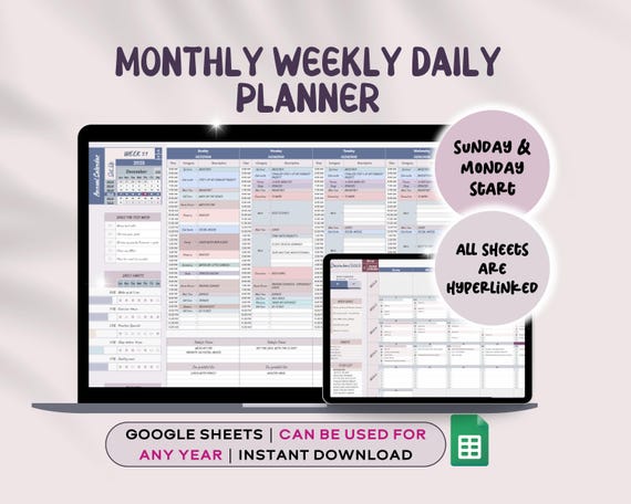 2026 Weekly Planner Google Sheets Template, Monthly Calendar, Undated Digital Daily Planner, Hourly Schedule, To Do List