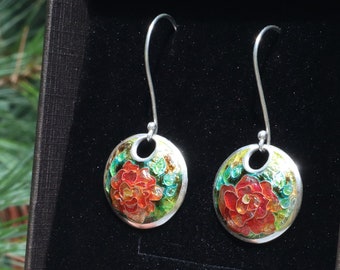 Silver Handmade cloisonne enamel  pink camellia earrings. Fine silver Cloisonné jewelry.