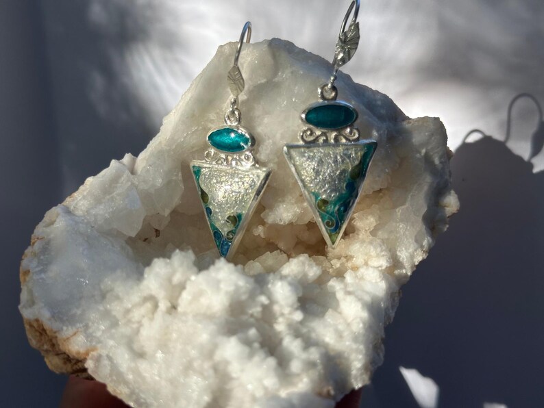 Handmade Cloisonne Enamel Earrings. Sterling / Fine Silver. Dangle earrings. Enamel Drop Earrings