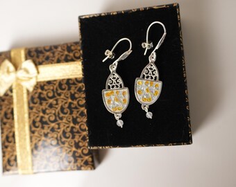 Sterling Silver Cloisonne Enamel Drop Earrings, Filigree Dongle Jewelry