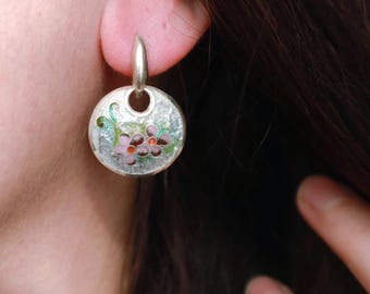 Silver Earrings, Handmade Flowers Cloisonne Enamel Drop Earrings, Sterling Silver Flower Dongle Earrings,