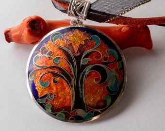 Silverhalsband, Livets träd-halsbandshänge, handgjort Cloisonné-emaljträdshänge, Livets träd-stjärnehalsband