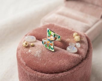 Cloisonné-Emaille-Blumenring, handgefertigter Blumenschmuck aus Sterlingsilber, verstellbarer, feiner Statement-Ring