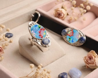 Pulsera de plata, pulsera de flores, pulsera de esmalte cloisonné hecha a mano, pulsera de plata de ley, pulsera de piedras preciosas