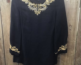 Vintage Black Crepe Blouse with Soutache and Rhinestones