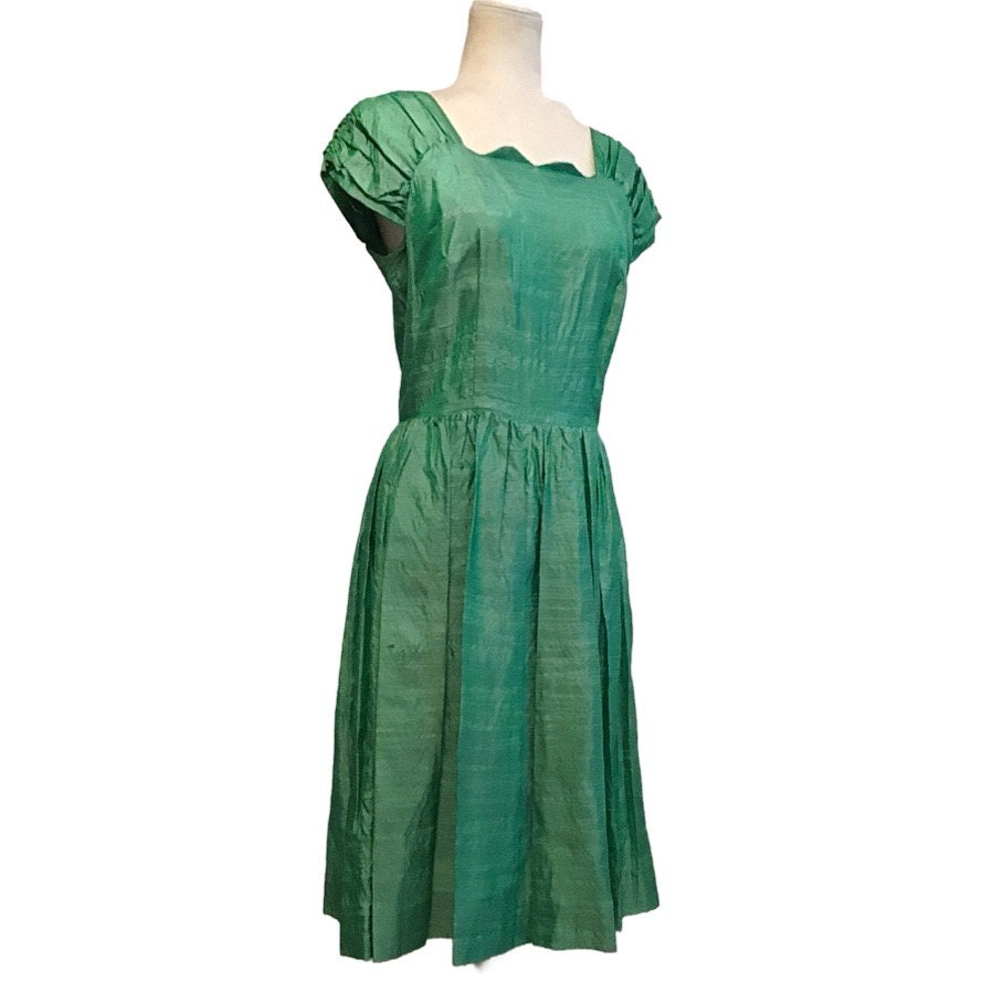 Green Fit and Flare Silk Dress - Etsy