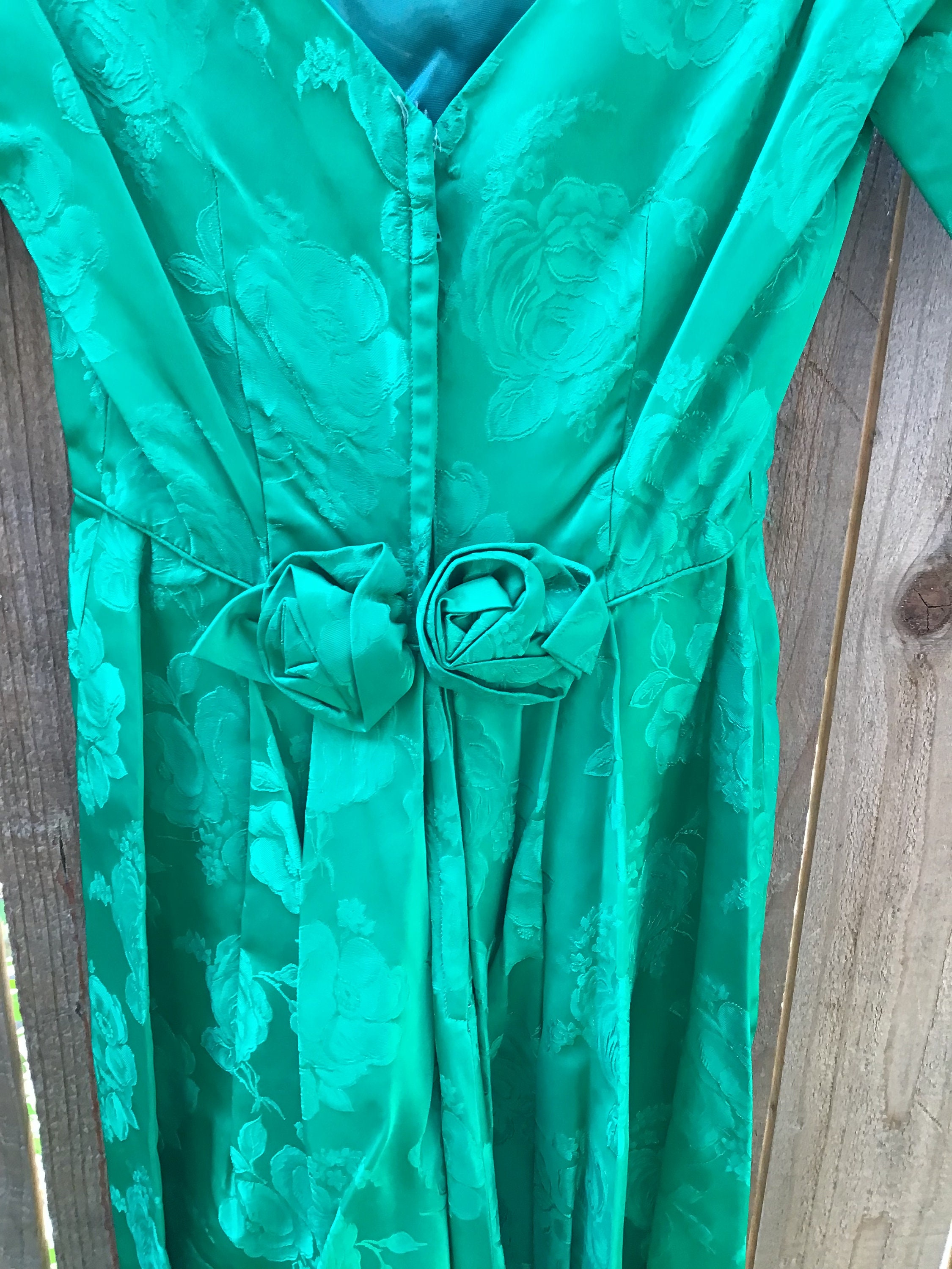 vintage 1950s emerald green wiggle dress Lee Claire Brocade suit bolero jacket M - L