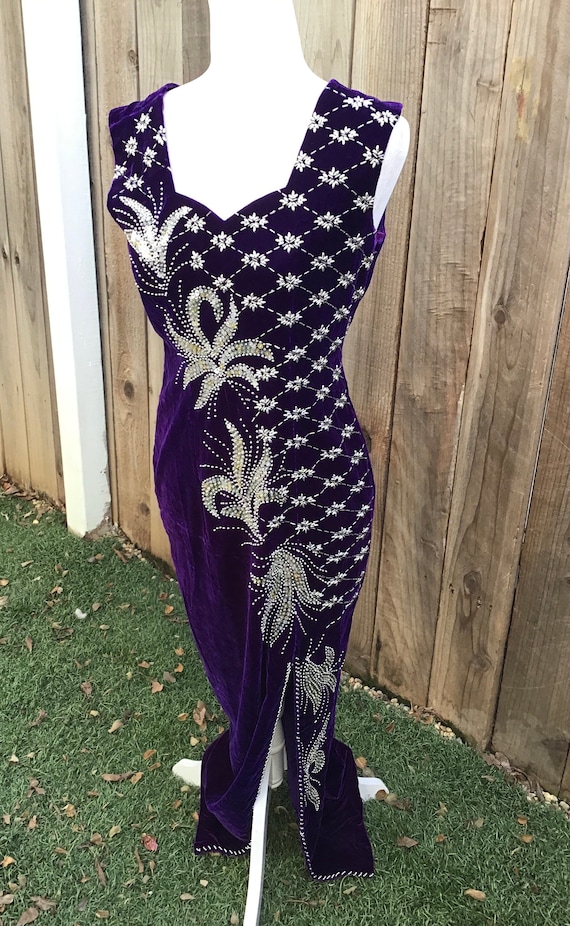 90s Fur Trim Velvet Evening Gown (S)