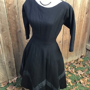 Vintage 1950s Black Wool Fit and Flare Dress