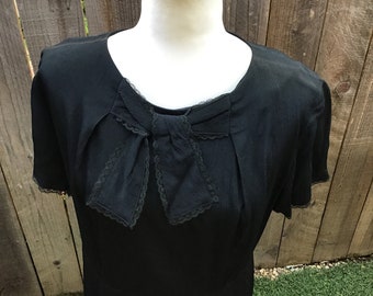 Vintage Black Crepe Day Dress with Bow Detail