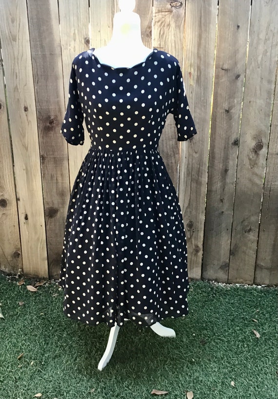 Vintage Navy Silk Chiffon Polka Dot Dress