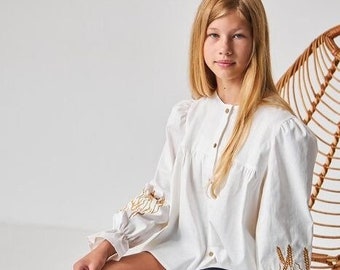 Vyshyvanka - "Stefa" from Linen, Folk Nouveau Embroidered Minimalist White Blouse, Ethnic Traditional Handmade Vyshyvanka